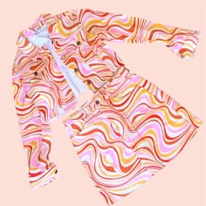 PRETTY CHEAP THE BRAND SKIRT AND JACKET SET ORANGE PSYCHEDELIC 70s INSPIRED